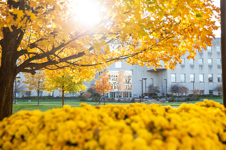 An exterior shot of the Fairbanks School of Public Health building in the fall.